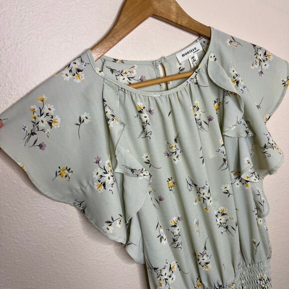 Monteau Light Green Flutter Sleeves Floral Blouse Small - Picture 1 of 9
